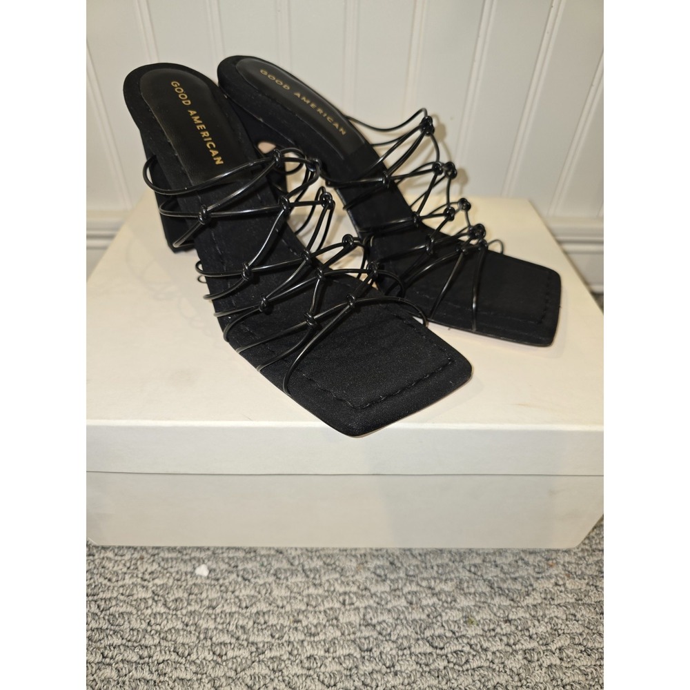 Good American GA372N-X Black Neoprene Caged Square Toe Block Heel Mules Size 8